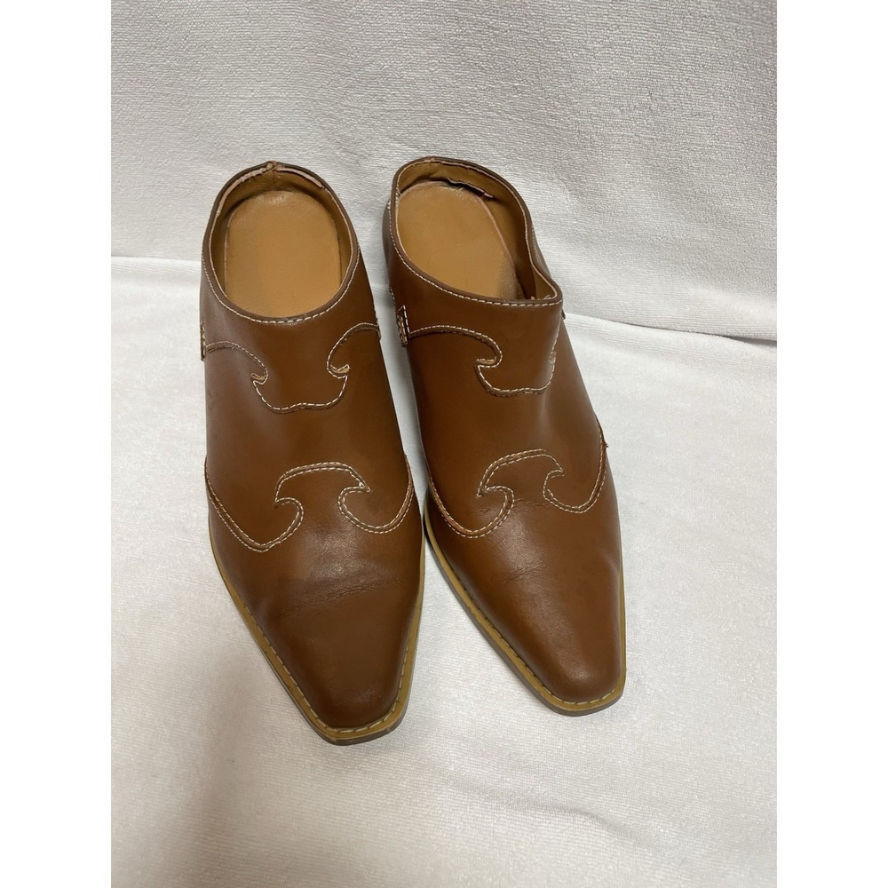 Western Leather Boot Tan Bootie Style Slip On Women's Clog Heel Size 7